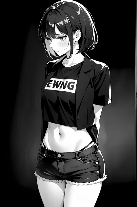 monochrome, girl, t-shirt, black jacket , navel, thighs, disheveled clothing, embarrassed, medium, black denim short , side tie ...