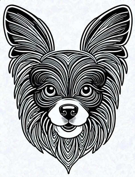 a papillon style dog, fantasy, magical, mandala, unusual, black and white, wavy lines, realistic line art drawing, coloring book...