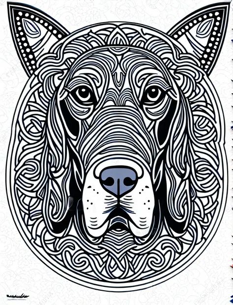 a basset hound style dog, fantasy, magical, mandala, unusual, black and white, wavy lines, realistic line art drawing, coloring ...