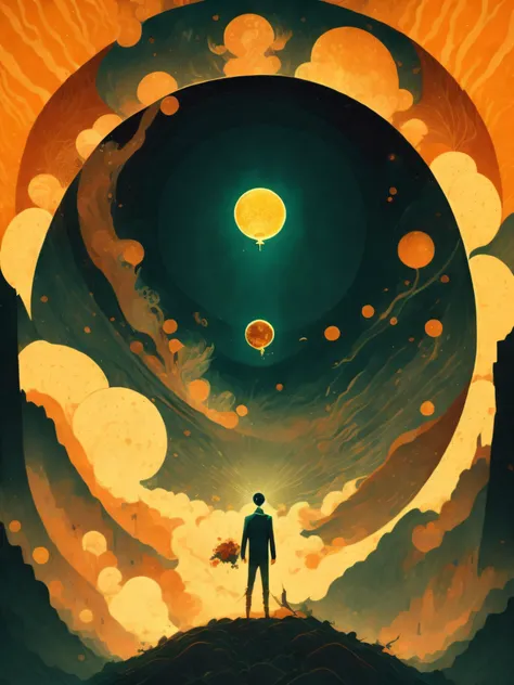 a painting of a man standing in front of a giant sun with smoke coming out of it by victo ngai