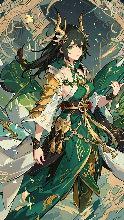 1 girl, wearing green Hanfu, [full body], fighting posture, holding a large knife in both hands, armor on the left shoulder, golden armor, dragon head and shoulder armor, long black hair, sharp eyes, big, exquisite picture quality, 4K, 8K,