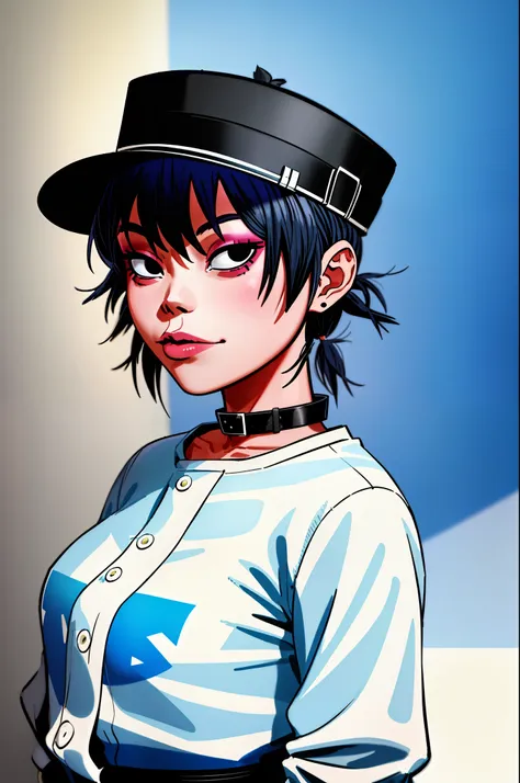 noodle (gorillaz), masterpiece, best quality, 1girl, solo, hat, blue hair, twintails, makeup, bangs, collar, short hair, portrai...