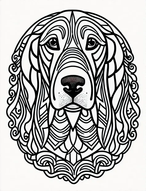 a basset hound style dog, fantasy, magical, mandala, happy, black and white, wavy lines, realistic line art drawing, coloring bo...