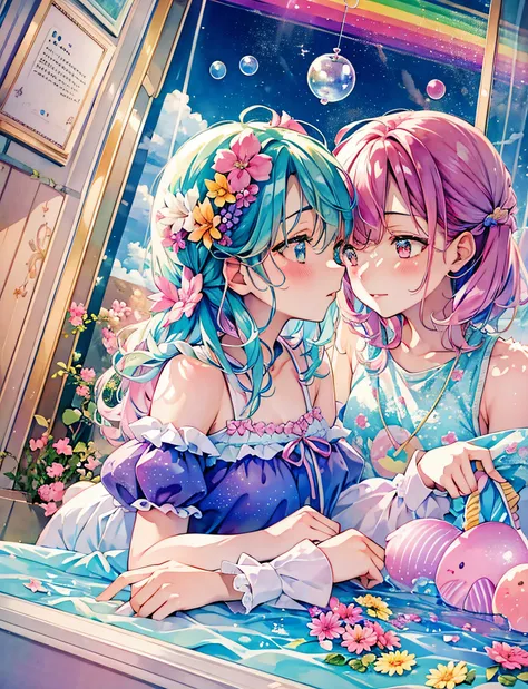 Yumekawa, dreamily cute, pale, moya, (masterpiece, highest quality, highest quality, watercolor (medium), official art, beautiful and aesthetic: 1.2), ((2 beautiful boys: 1.3)), upper body, kiss, lesbian, lolita fashion, lolita watching viewer, pattern, br...