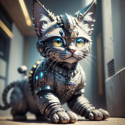 ((Best quality)), ((masterpiece)), (detailed: 1.4), 3D, a cute kitten made of metal, cyborg, cyberpunk style, (((intricate details)), hdr, (((intricate details, hyperdetailed)), cinematic shot, vignette