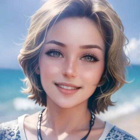 smiling woman with short hair and necklace on beach near ocean, soft portrait shot 8 k, 8k portrait render, realistic portrait p...