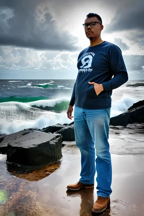 guttonerdvision5, detailed photograph of one (bespectacled man: 1.3), (storm: 1.2), (waves: 1.3), ocean, (lighthouse background: 1.3), (cowboy photo: 1.4), looking at camera, pose for photography, (soft colors: 1.2), realistic, masterpiece, high quality, b...
