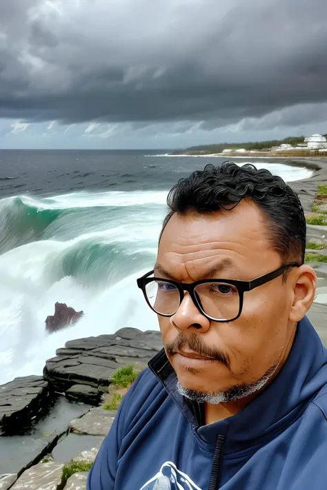 guttonerdvision5, detailed photograph of one (bespectacled man: 1.3), (storm: 1.2), (waves: 1.3), ocean, (lighthouse background: 1.3), (cowboy photo: 1.4), looking at camera, pose for photography, (soft colors: 1.2), realistic, masterpiece, high quality, b...