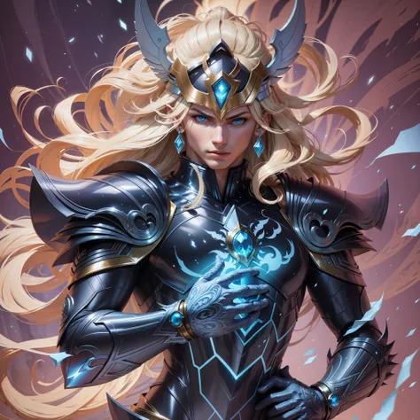 Hyoga Saint Seiya, designed Todd McFarlane style, white armor with blue, blue eyes, blond hair