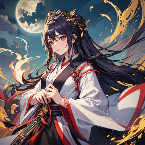 masterpiece, best quality, night, hills, clouds, full moon, long hair, woman, silhouette, firefly, holding a sword, hanfu, weari...