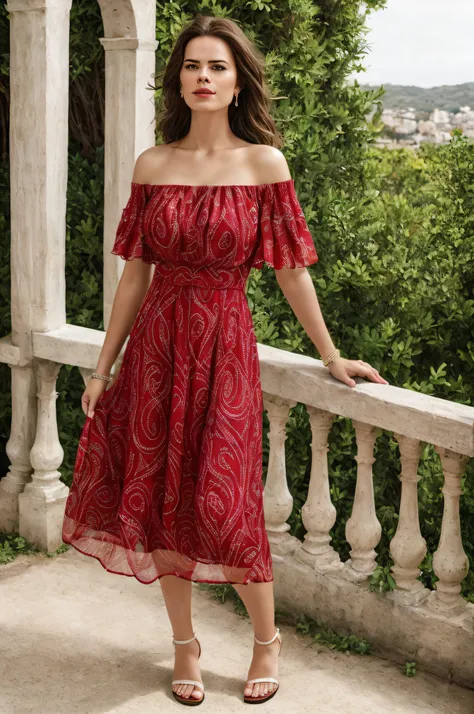 (thirty year old) woman, wearing a (flowing red patterned summer off-shoulder chiffon maxi dress::1.3), (beautiful legs and feet...