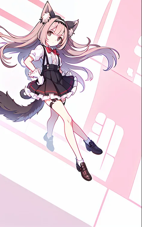 1girl, animal_ears, black_legwear, black_skirt, bow, closed_mouth, frills, hairband, hand_on_hip, looking_at_viewer, paw_gloves,...