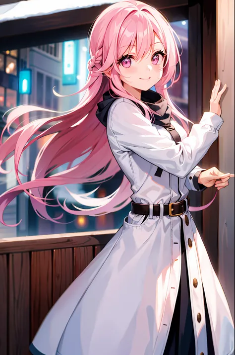 (morning), 1girl, solo, looking at viewer, winter, cowboy shot, (downtown), cowboy shot, smile, pink long hair, pink eyes