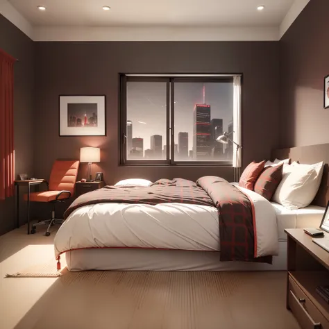 there is a bedroom with a bed, desk, and a chair, small and cosy student bedroom, studyng in bedroom, red and brown color scheme, home office interior, red and black colour scheme, red brown and white color scheme, rendered in corona, cyberpunk childrens bedroom, furnished room, red and black color scheme, rendered in lumion pro --auto --s2