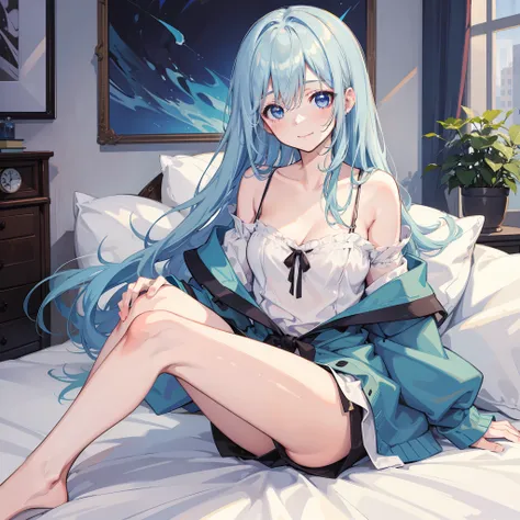 ((masterpiece, top quality)), light blue hair, long hair, 1 woman, solo, blue eyes, slouch, up, one, smile, blush, sweat, off-sh...