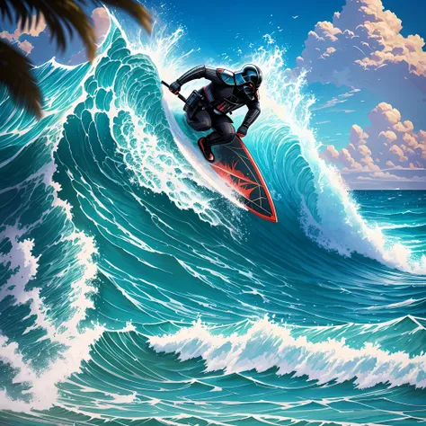 darth vader surfing in hawaii, dropping a wave, paradise beach. sunny day, perfect sea. color drawing, intricate details, unreal...