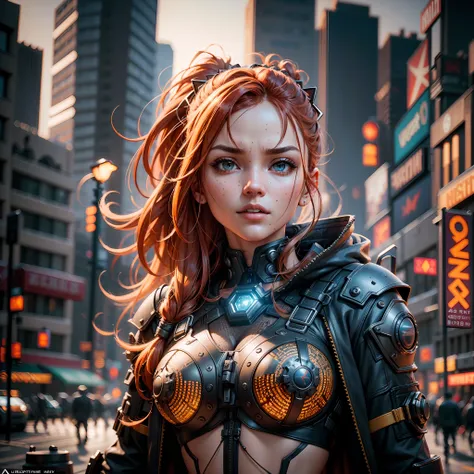 cyberpunk ginger vixen at central plaza of post apocalyptic city, Light field photography, wide angle lens f/2.8, ultra insane high resolution intricate textures, texture indentation, 32k raw professional photo, perfect perspective, perfect geometry, ultra...