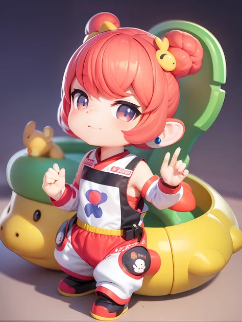 PopMart blind box IP, Chinese zodiac, super cute boy wearing dinosaur shaped clothes, technological elements, fashionable clothes, streamlined 3D/C4D production: 8K HD picture quality/lighting/super fine lens depiction 1.5, flawless, chibi background/cinem...