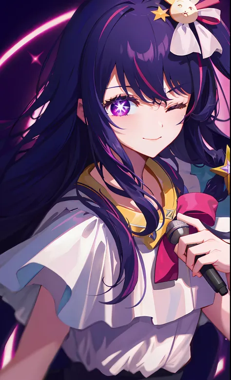 (best quality:1.4, masterpiece, 4k, details), hoshino ai, long hair, purple hair, streaked hair ,purple eyes, star-shaped pupils...