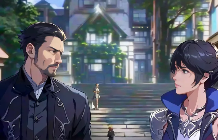 anime characters standing in front of a building with a staircase, edmund blair and charlie bowater, charlie bowater and artgeem...