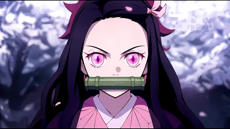 anime girl with long black hair and pink eyes holding a green object, nezuko, nezuko-chan, shalltear from overlord, demon slayer...