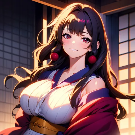 1 girl, ahog, bangs, bare shoulders, brunet, breasts, collarbone, cross bangs, hair between the eyes, hair accessories, hair ribbons, huge breasts, japanese clothes, kimono,grin, long hair, looking at the audience, mask, mask on head, shoulders, parted lip...