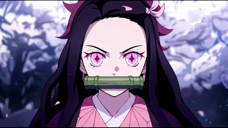 anime girl with long black hair and pink eyes holding a green object, nezuko, nezuko-chan, shalltear from overlord, demon slayer...