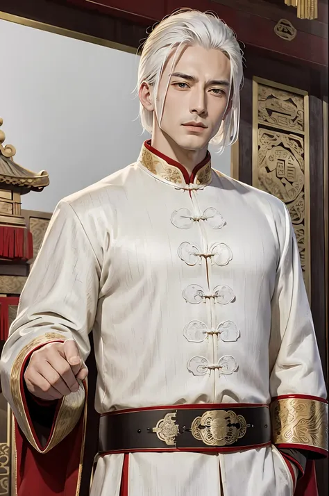 masterpiece, superb quality, chinese imperial palace, chinese style, ancient china, 1 boy, handsome, handsome, white hair, cold,...