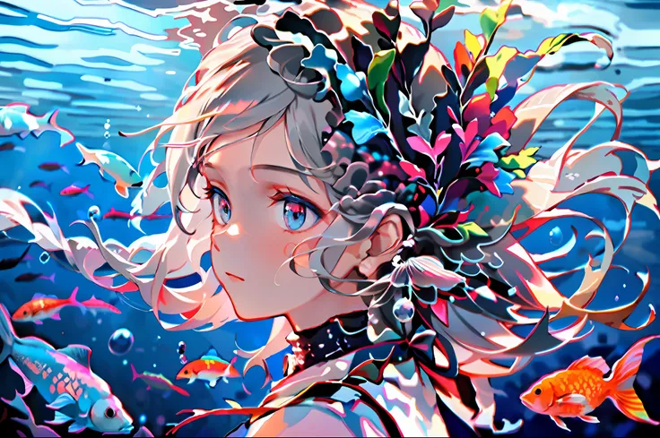 1girl, solo, fish, blue eyes, letterboxed, long hair, blush, goldfish, white hair, profile, floating hair, portrait, bangs, hair ornament, underwater, flower, hair flower, looking away, from side