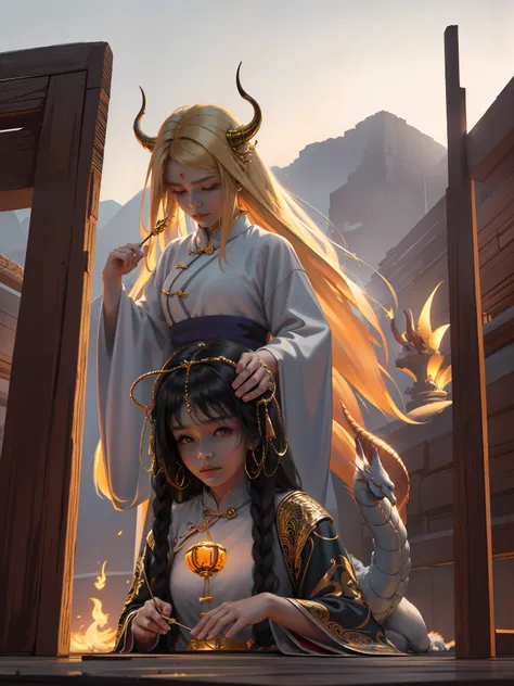 ultra-clear, fine, a chinese dragon surrounds the girl, the girl crosses to cast spells, the girl has dragon horns and golden ha...