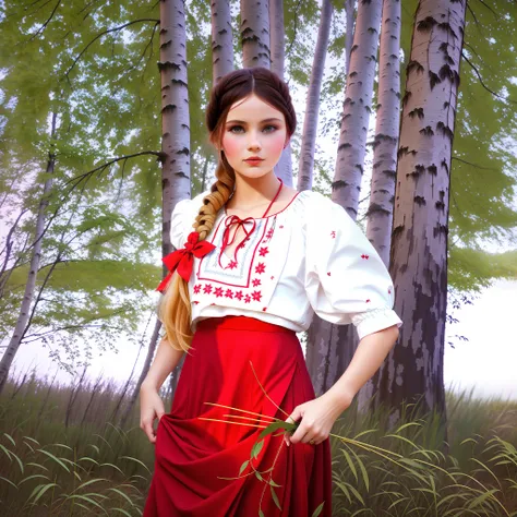 there is a woman in a red dress standing in a forest, ukrainian girl, ukrainian national clothes, slavic style, ukrainian nation...