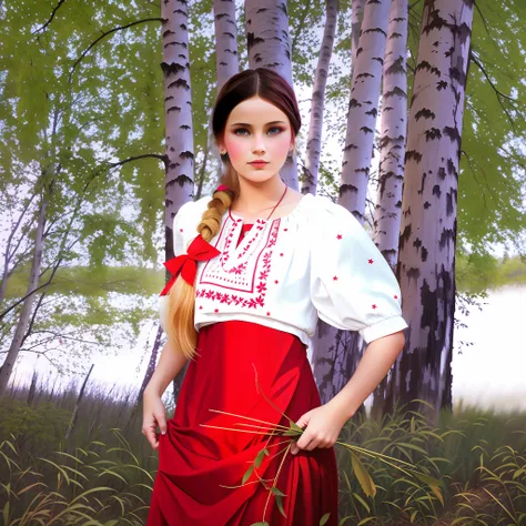 there is a woman in a red dress standing in a forest, ukrainian girl, ukrainian national clothes, slavic style, ukrainian nation...