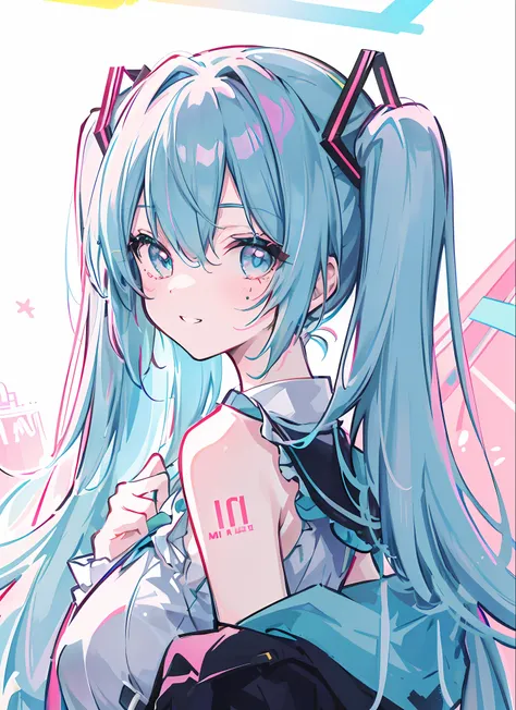 (masterpiece), (best quality), (miku) 1 girl, upper body, brash, grinning, happy, backlight, rum style, colorful hair, facial ma...