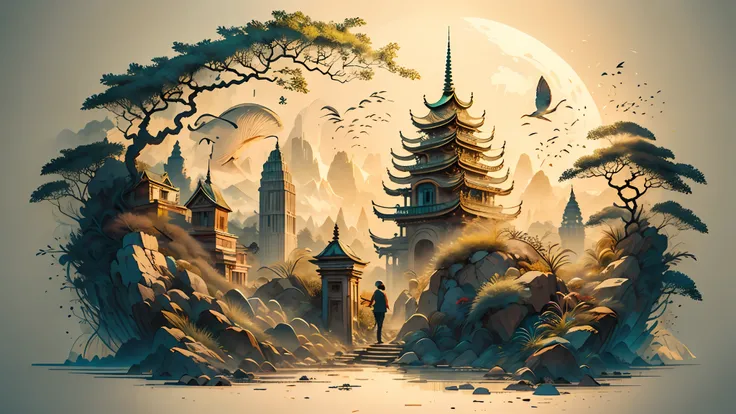 Absurd, high resolution, ultra-detailed, (1 girl:1.3), broken, design a beautiful temple scene, intricate architecture, lush gardens, and a sense of peace and spirituality. Broken, creating an image of a destructive demon with terrifying features, dark pow...