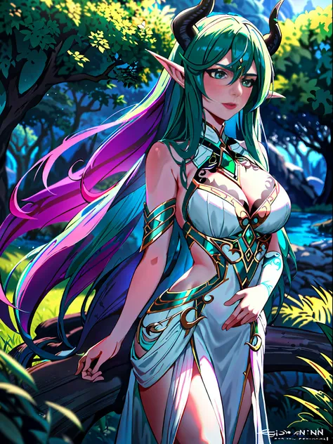 tyrande whisperwind, elegant elf woman, beautiful, high definition artwork, realistic, tiefling woman, 1girl, black dragon horns, black dragon tail, outdoors, nature, plants, demon horns, soft colours, soft colors, high detail, white revealing dress, high ...
