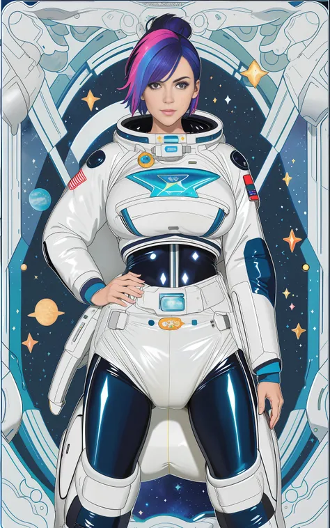 (sexy) busty girl wearing (huge comfy diaper), (space suit), floating in outer space, colorful, detailed, huge breasts, wide hip...