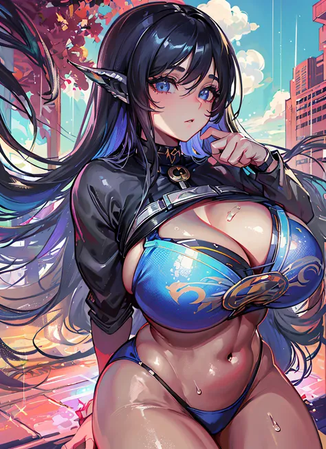 Mirko (my hero academy) (ultra-detailed), masterpiece, best quality,((1 girl)))), (beautiful detailed face),(beautiful detailed eyes),(huge breasts), curvy, (micro bikini), long hair, wide hips, thick thighs, ((mature female)), (((iridescence))), (((bikini...