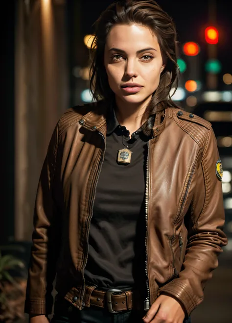 portrait of anjo as a beautiful female model, georgia fowler, beautiful face, with short dark brown hair, in cyberpunk city at n...