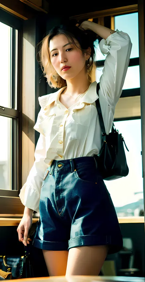 there is a woman standing in front of a window with a purse, ad image, denim short pants, loose - fitting blouses, beautiful ima...