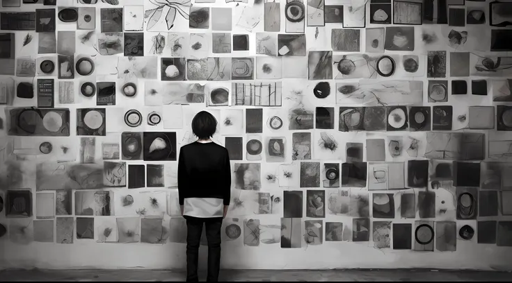 arafed man standing in front of a wall covered with pictures, in an art gallery], art wall, wall of eyes, exhibition, stanley do...