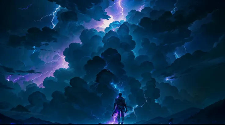 a close-up of a very tall man with a purple and blue background full of lightning, 8k anime, an epic anime of a man with thunder...