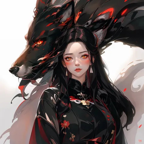 anime - style image of a woman with long black hair and a red and black wolf, by yang j, artgerm and atey ghailan, a beautiful f...