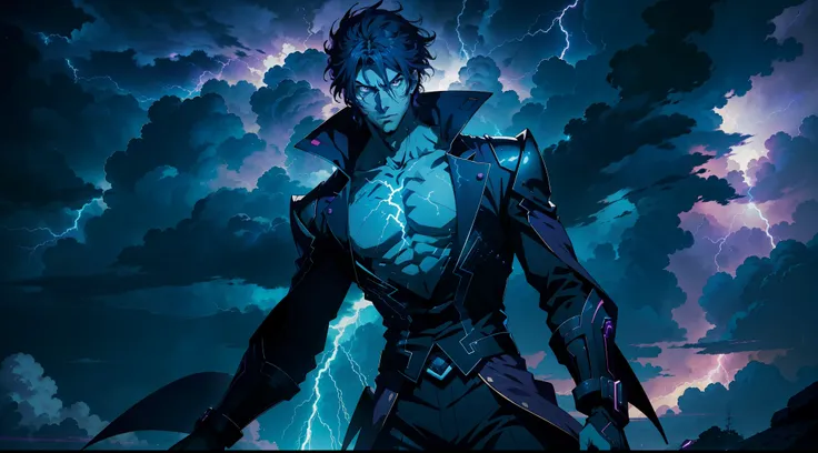 a close-up of a very tall man with a purple and blue background full of lightning, 8k anime, an epic anime of a man with thunder...