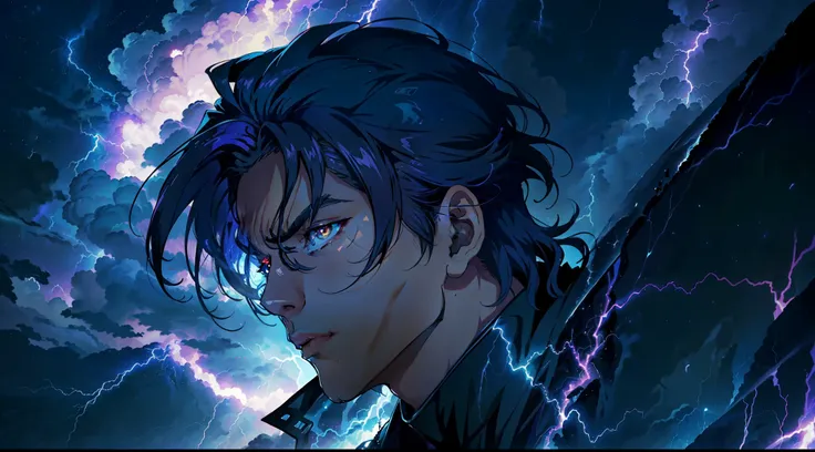 a close-up of a very tall man with a purple and blue background full of lightning, 8k anime, an epic anime of a man with thunder...