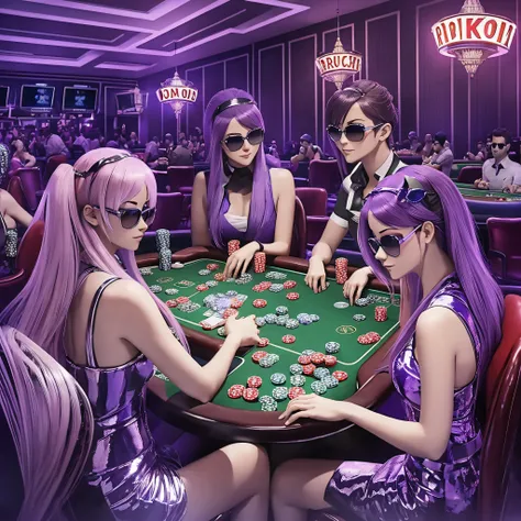 poker game, side view, casino, (dark background, blue shades, purple shades), players in costumes --auto --s2