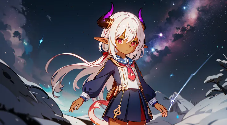 menida sucubo, small girl with elf horns and ears, dark skin, red eye, tail, medium white hair, dark blue sailor uniform, pink t...