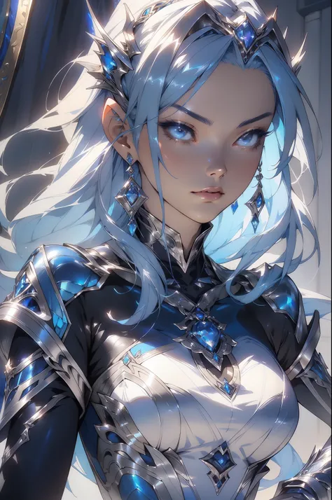 a close up of a woman in a silver and blue dress, chengwei pan on artstation, by yang j, detailed fantasy art, stunning characte...