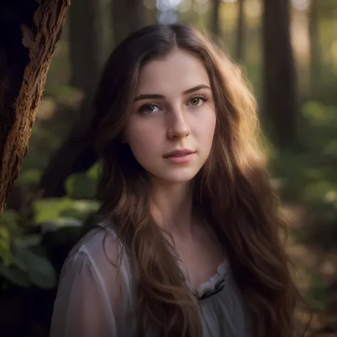 arafed woman with long hair standing in a forest looking at the camera, soft portrait shot 8 k, beautiful portrait photo, medium...