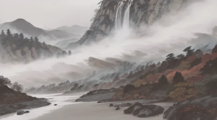 Chinese ink splashing landscape, majestic, mountains, waterfalls, forests, white clouds, HD --auto --s2