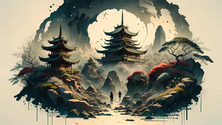 Absurd, high resolution, ultra-detailed, (1 girl:1.3), broken, design a beautiful temple scene, intricate architecture, lush gardens, and a sense of peace and spirituality. Broken, creating an image of a destructive demon with terrifying features, dark pow...